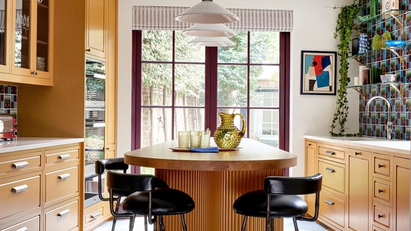 Ribbed Wood Kitchen Island Ideas with Eclectic Checkered Tile