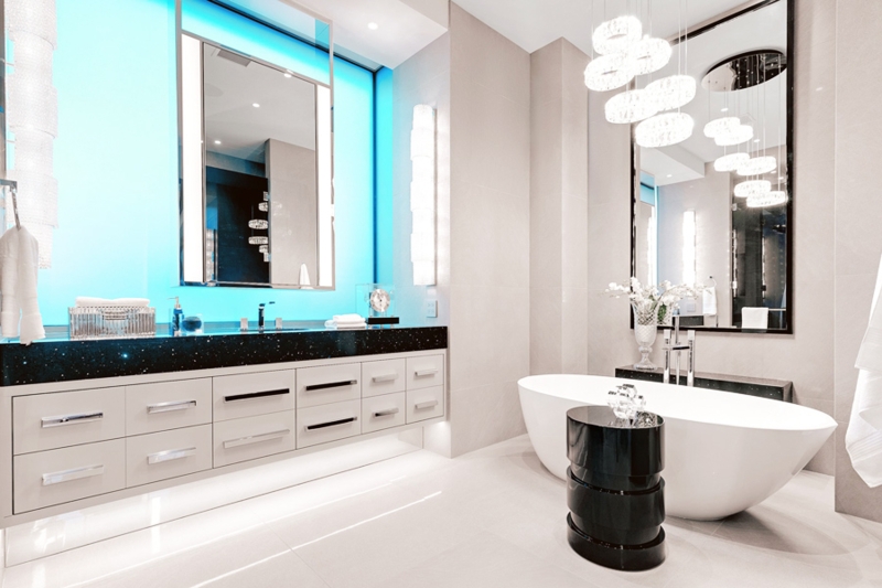 Ring Pendants: Contemporary Bathroom with Blue Backlit Mirror