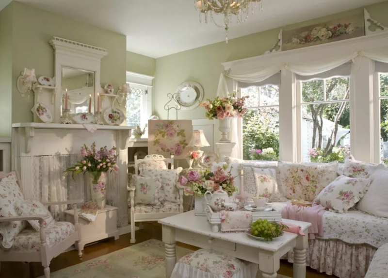 Romantic Living Room with Sage Green Walls & Floral Pattern Upholstery