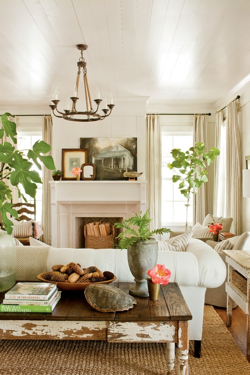 Rope Chandelier Farmhouse Lighting over Distressed Wood Coffee Table