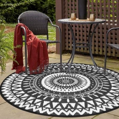 Round Area Rug Black White Trellis Pattern Reversible
