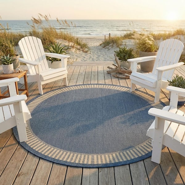 Round Area Rug, Blue Cream Tropical Floral, Palm Leaf Pattern.
