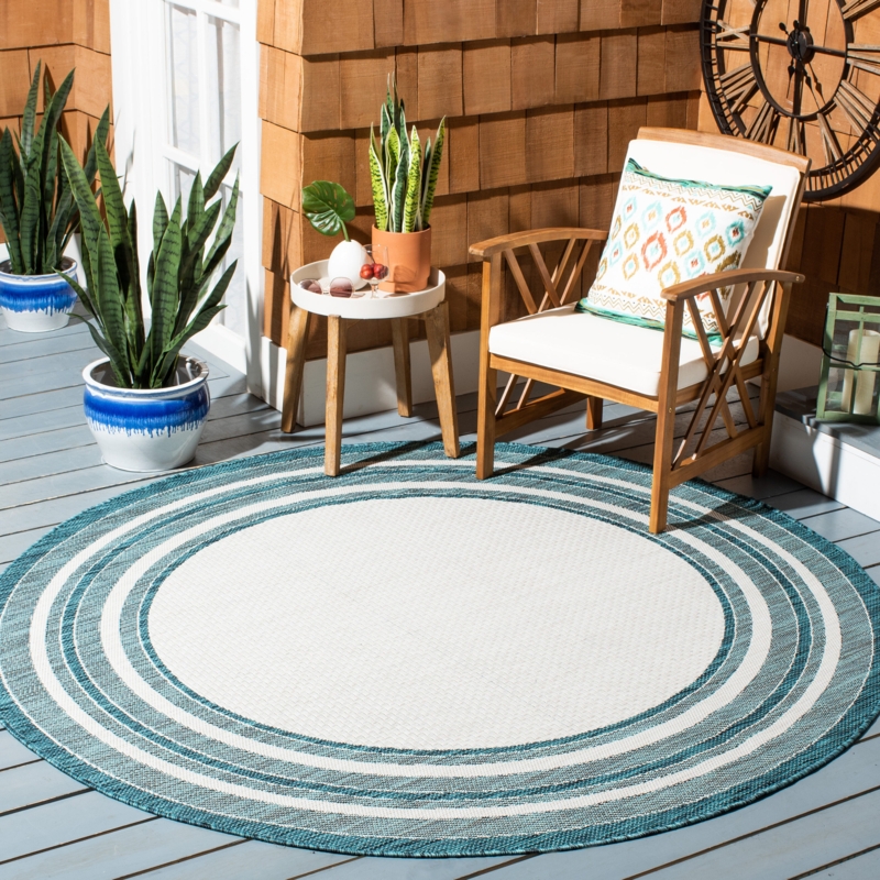 Round Area Rug, Ivory Teal Scrollwork Border, Flat Weave Transitional.