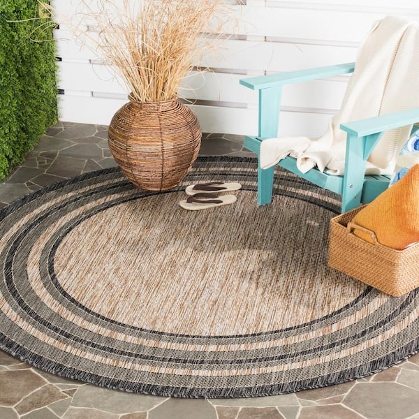 Round Area Rug Natural High Contrast Border Flatweave