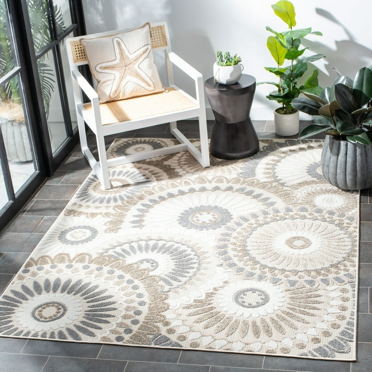 Round Area Rug Navy Oversized Botanical Print Coastal