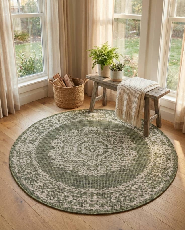 Round Area Rug Traditional Sage Oriental Pattern
