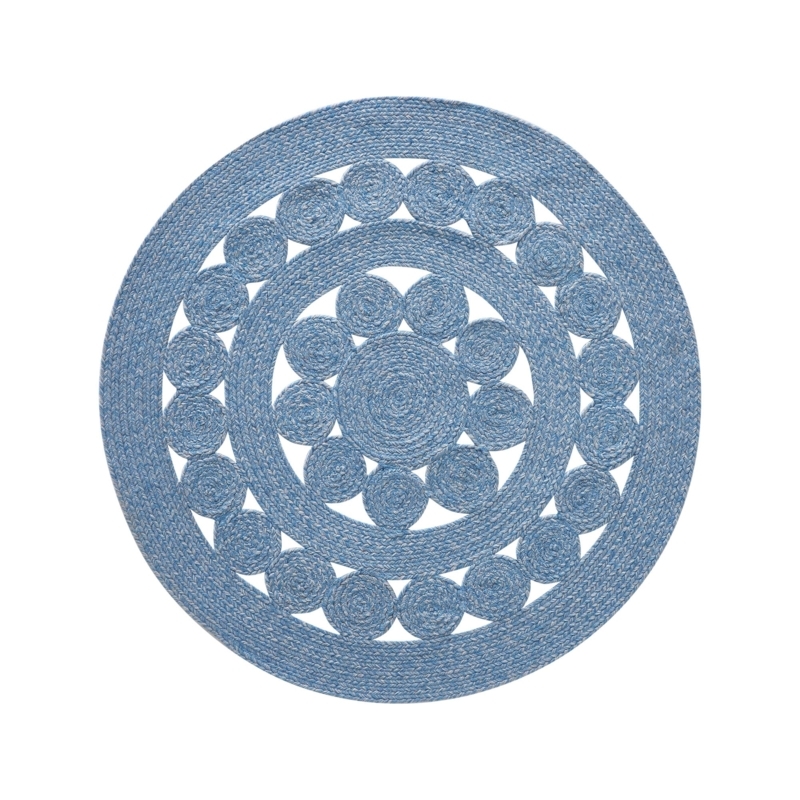 Round Braided Area Rug Variegated Blue Blend Coastal Style Entryway