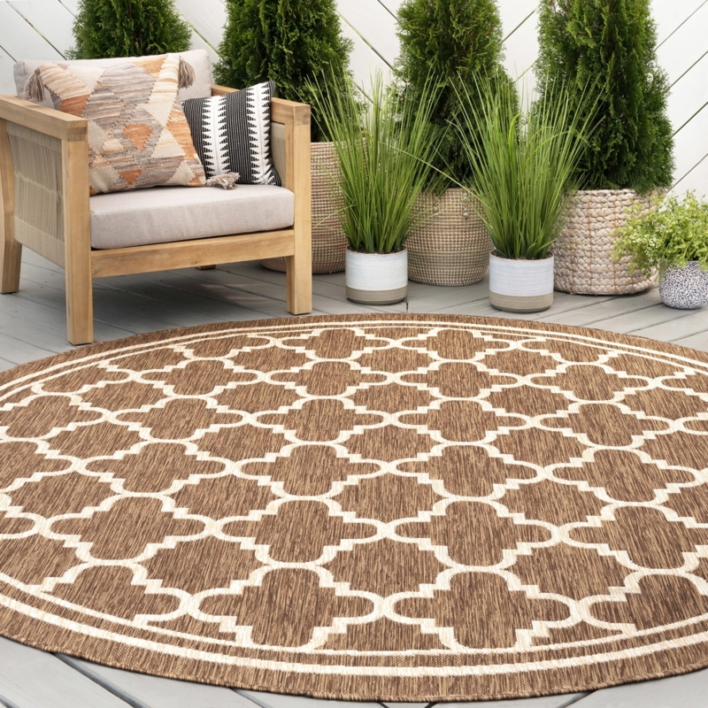 Round Outdoor Rug Gold Trellis Pattern Bohemian Living Space Decor