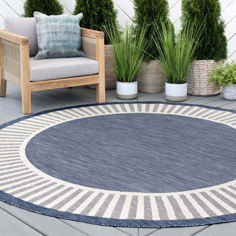 Round Outdoor Rug Navy Center Nautical Striped Border Patio Decor