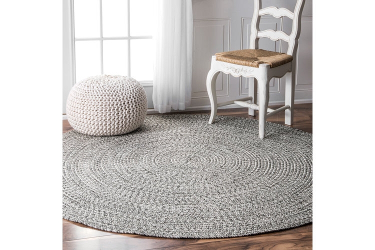 Round Outdoor Rug, Radial Geometric Motif, Navy White Woven.