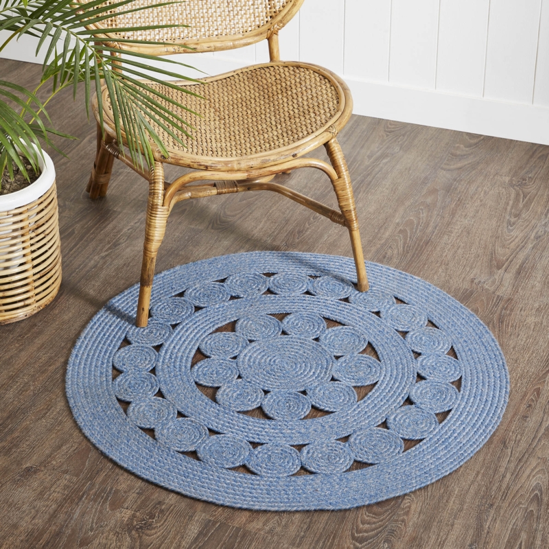 Round Rug Braided Blue and Beige Variegated Coastal Style Entryway