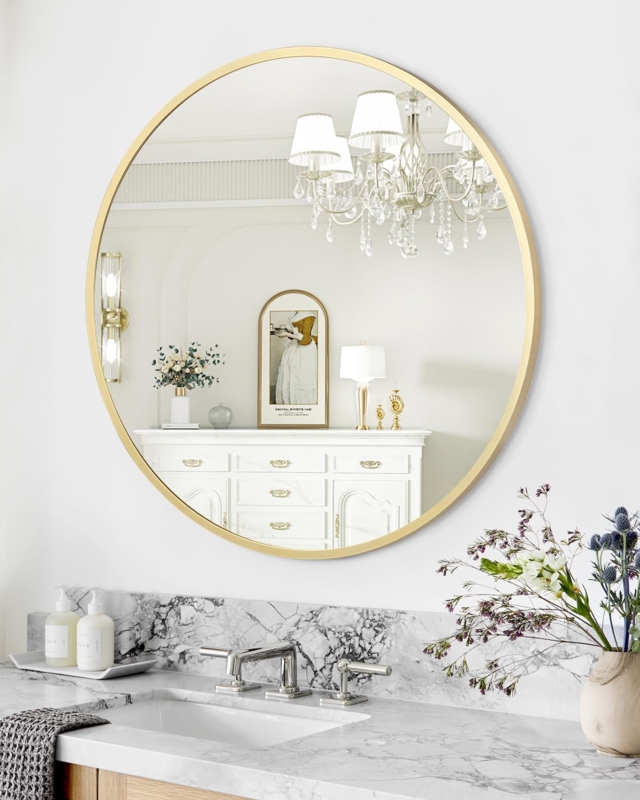 Round Wall Mirror, Gold Round Mirror Bathroom Vanity Marble Styling