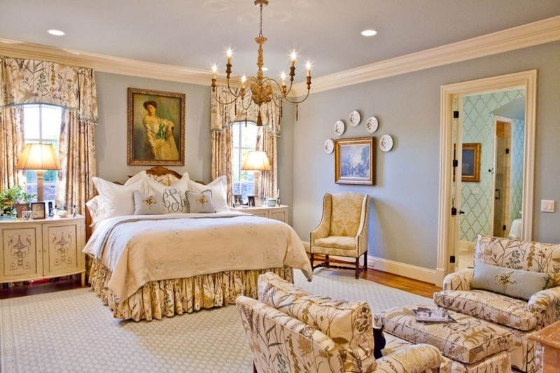 Ruffled Floral Bedskirt with Ornate Gold Chandelier and Botanical Curtains