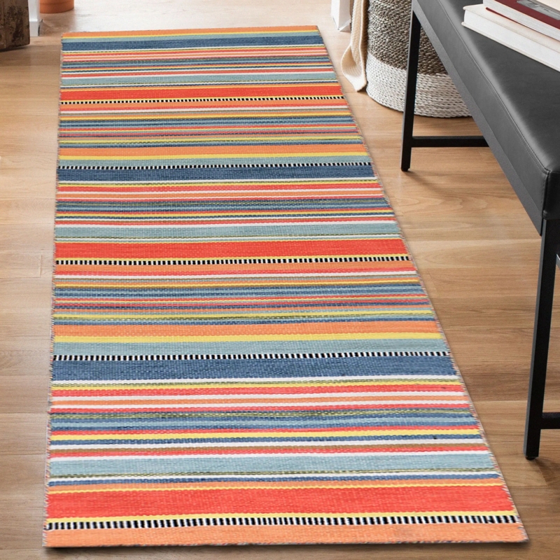 Rug Runner: Navy Blue Malibu Stripe Loop Pile Coastal Entryway