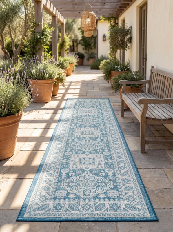 Runner Rug Aqua Aztec Pattern Outdoor Flatweave Geometric Deck Rug