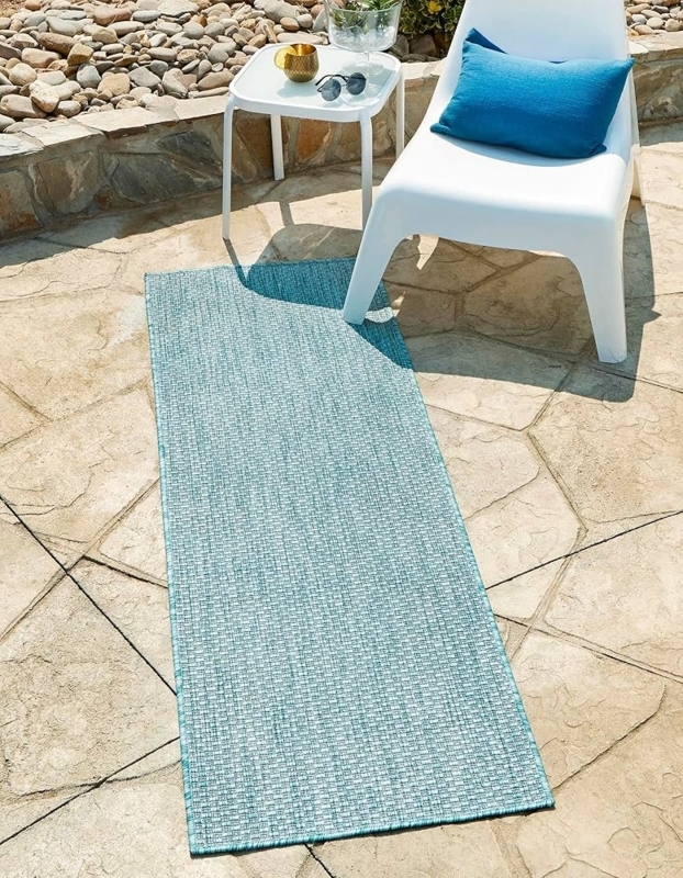 Runner Rug, Aquamarine Hue, Weather Resistant Flatweave, Patio Deck
