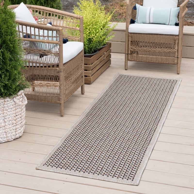 Runner Rug: Basketweave Pattern Beige Water Resistant for Deck