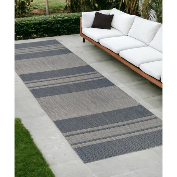 Runner Rug Blue And Gray Striped Runner Transitional Low Profile