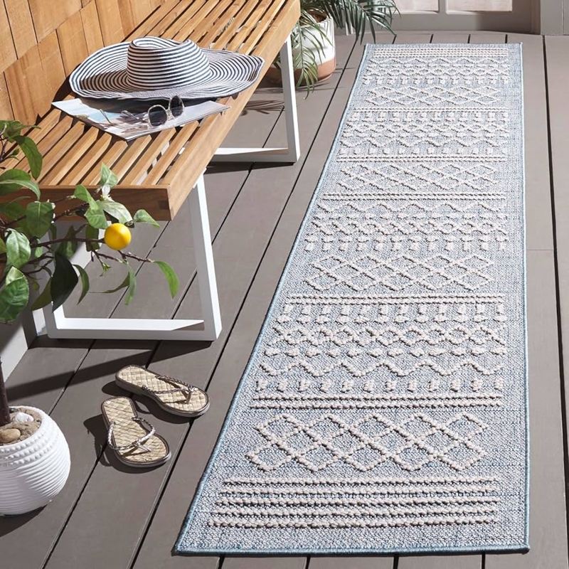 Runner Rug Blue Ivory Mediterranean Tile Pattern Blue Geometric Hallway
