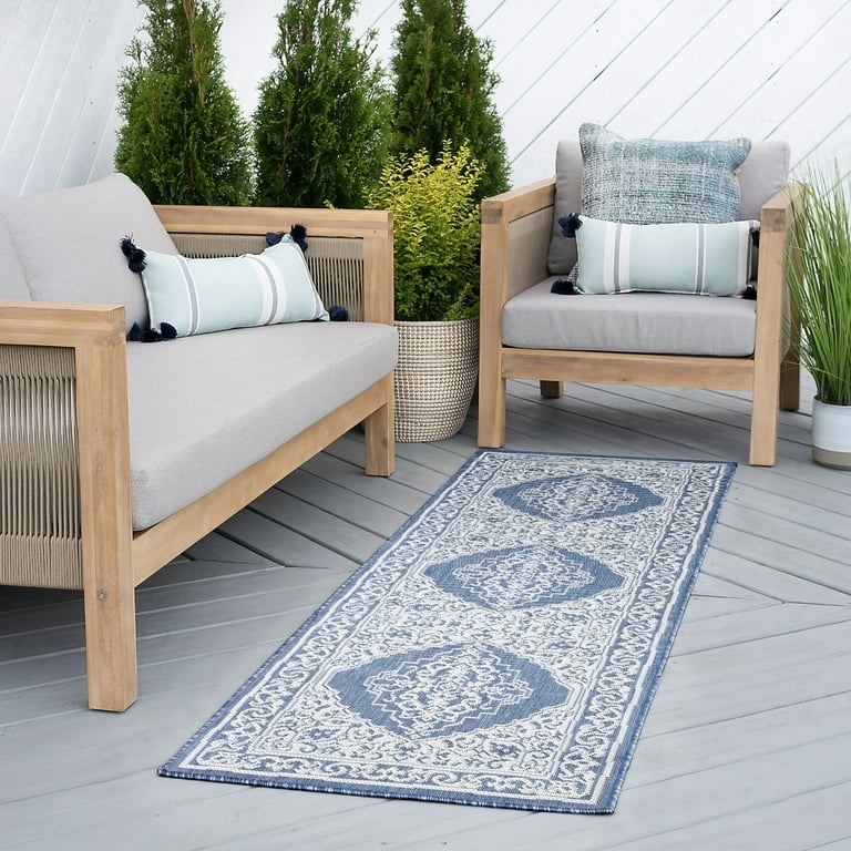 Runner Rug Blue Ivory Oversized Floral Water Resistant Elongated