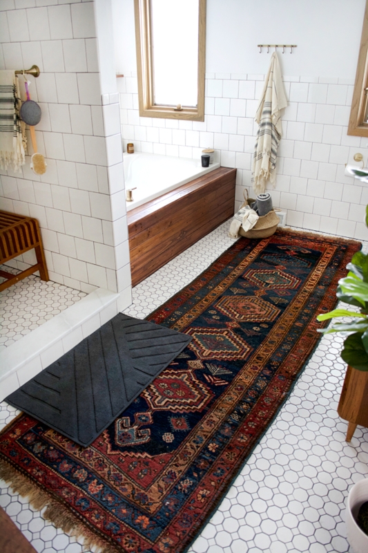 Runner Rug: Bohemian Vintage Oriental Pattern near Wood Paneled Tub
