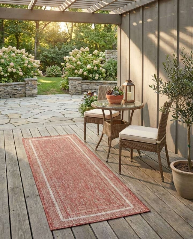 Runner Rug Bordered Design Terracotta Cream Flatweave Porch Entryway