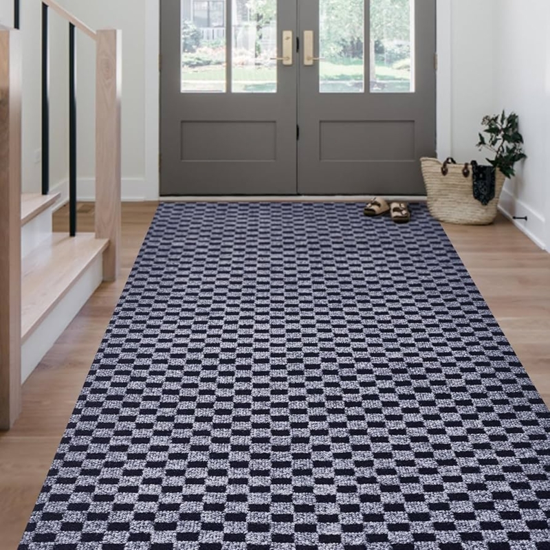 Runner Rug Charcoal Grey Fine Ribbed Pattern Low Profile Minimalist