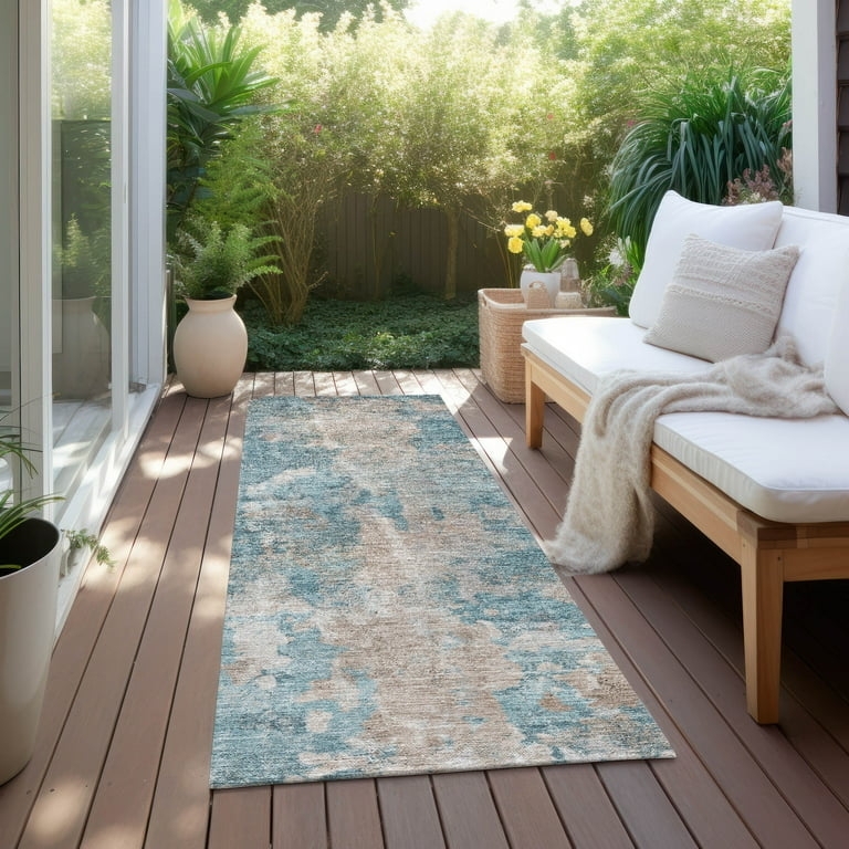 Runner Rug: Distressed Teal Floral, Washable Runner, Transitional Hallway