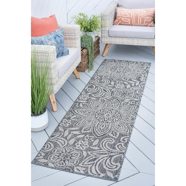 Runner Rug: Floral Scrollwork Pattern Charcoal Transitional Outdoor