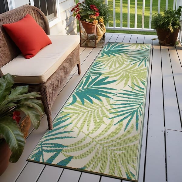 Runner Rug Green Floral Reversible Plastic Outdoor Mat
