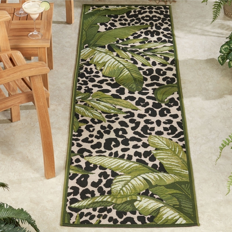 Runner Rug Green Tropical Palm and Leopard Layered Pattern