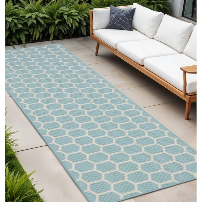 Runner Rug Ivory Geometric Trellis Flatweave Modern Geometric Outdoor