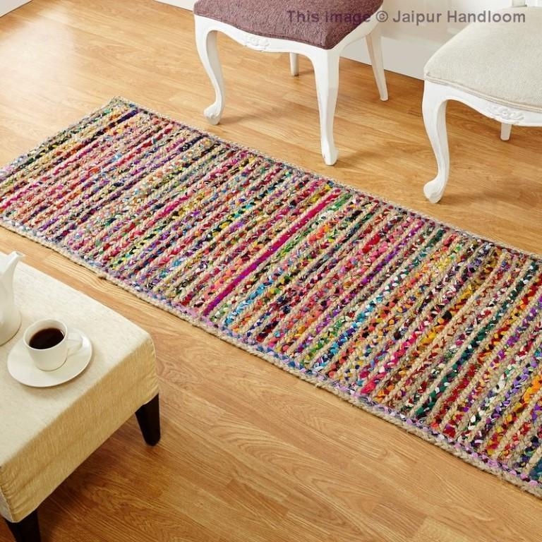 Runner Rug: Jute-Like Braided Natural Tan Striped Pattern Woven