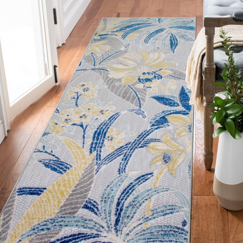 Runner Rug Navy Blue Traditional Floral Medallion Patio