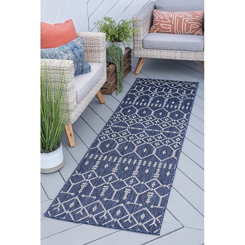 Runner Rug Navy Geometric Lattice Low Pile Coastal Blue Outdoor Runner