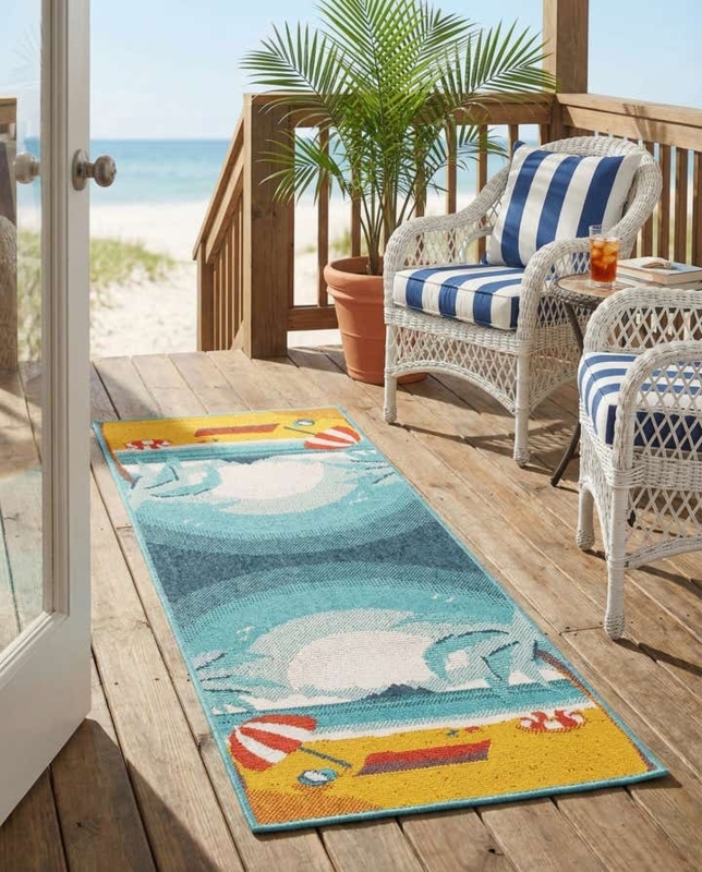 Runner Rug Navy Seahorse Motif Flatweave Nautical Theme Deck Decor