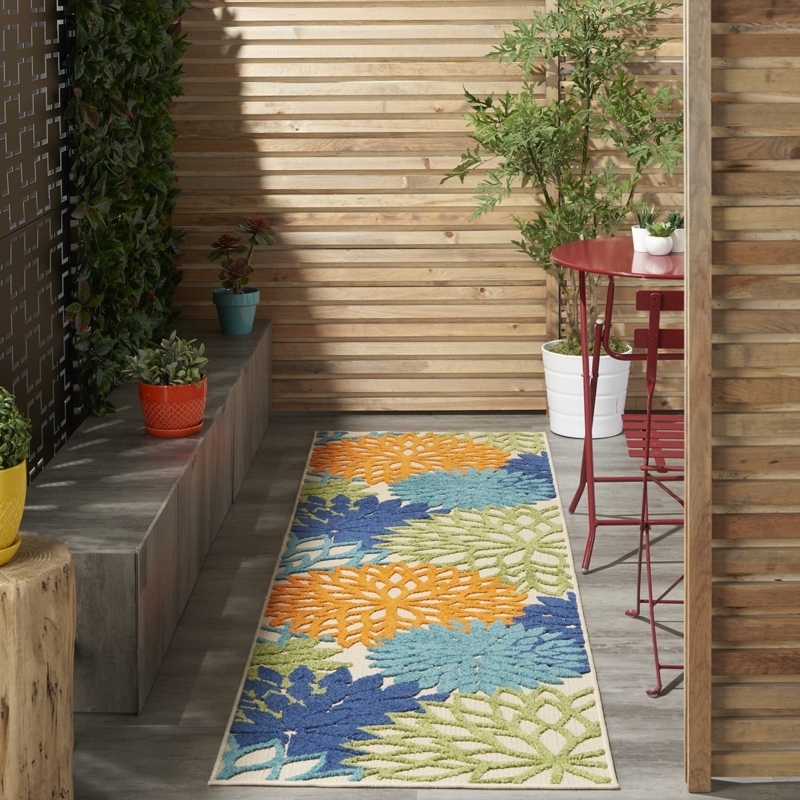 Runner Rug Navy Tropical Floral High Low Pile Hallway