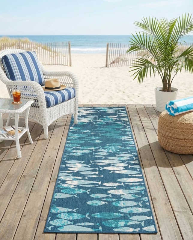 Runner Rug Navy White Nautical Trellis Easy Clean Nautical Porch Rug