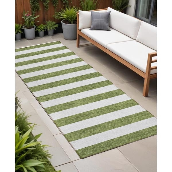 Runner Rug Olive Green Striped Pattern Woven Texture Low Pile