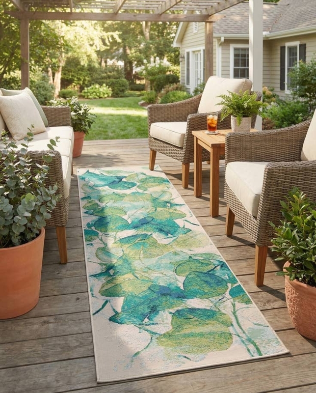Runner Rug Oversized Botanical Print Blue Green Botanical Leaf Runner