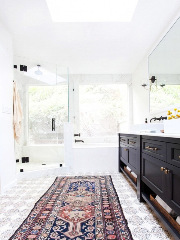 Runner Rug: Persian Style, Navy Vanity with Gold Hardware, Skylight