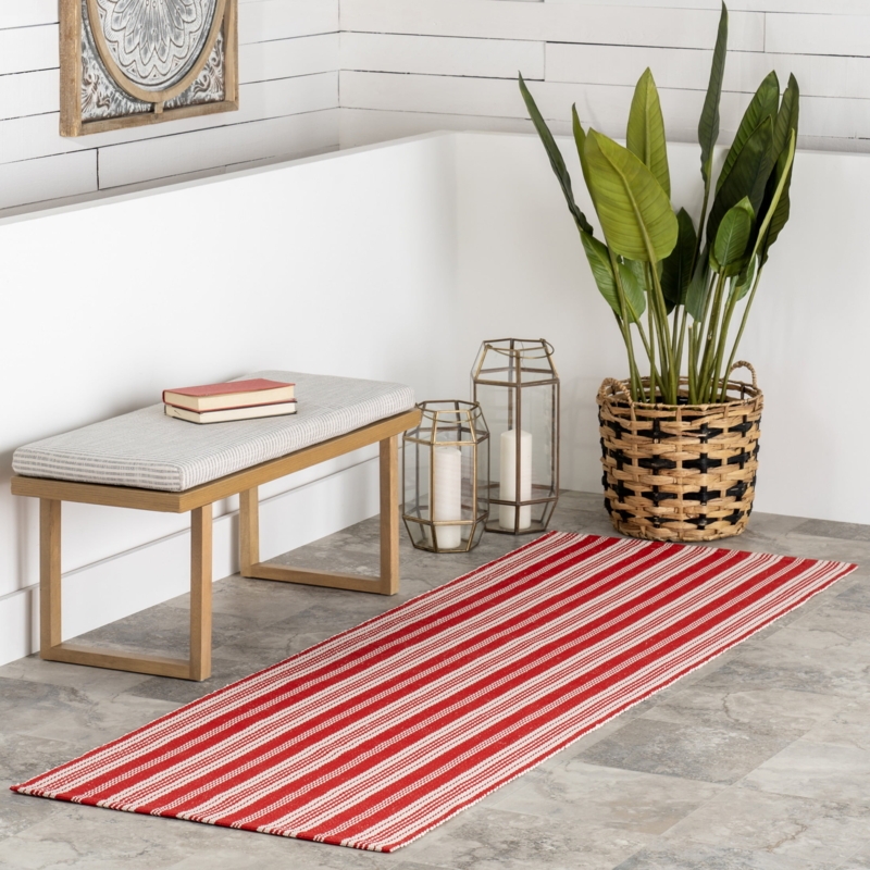 Runner Rug Red White Ticking Stripe Handwoven Outdoor