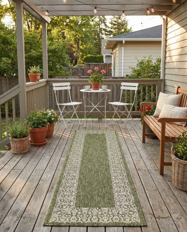 Runner Rug Sage Green Cream Border Design Flatweave Transitional