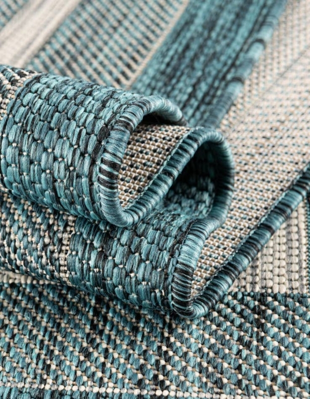 Runner Rug Teal Cream Border Flat Woven Outdoor Patio