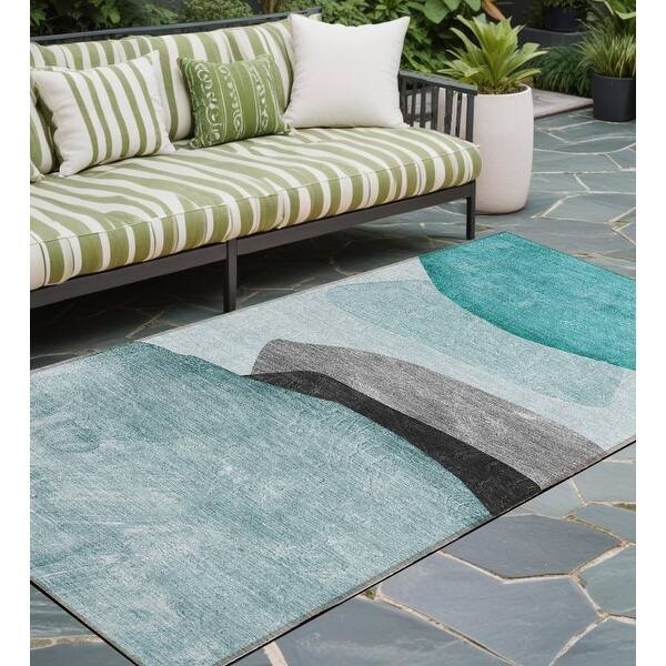 Runner Rug Teal Gray Abstract Watercolor Modern Deck