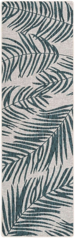 Runner Rug Teal Ivory Botanical Leaf Pattern Tropical