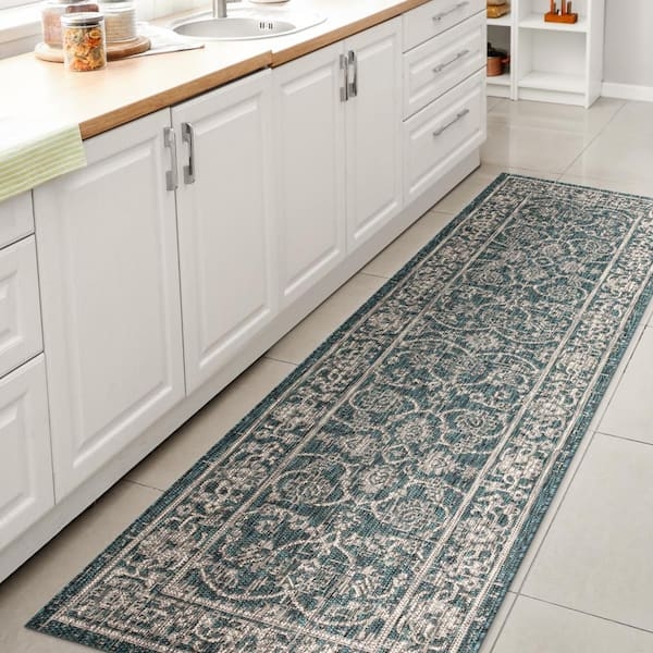 Runner Rug Teal Vine Border Outdoor Safe Teal Floral Outdoor Runner