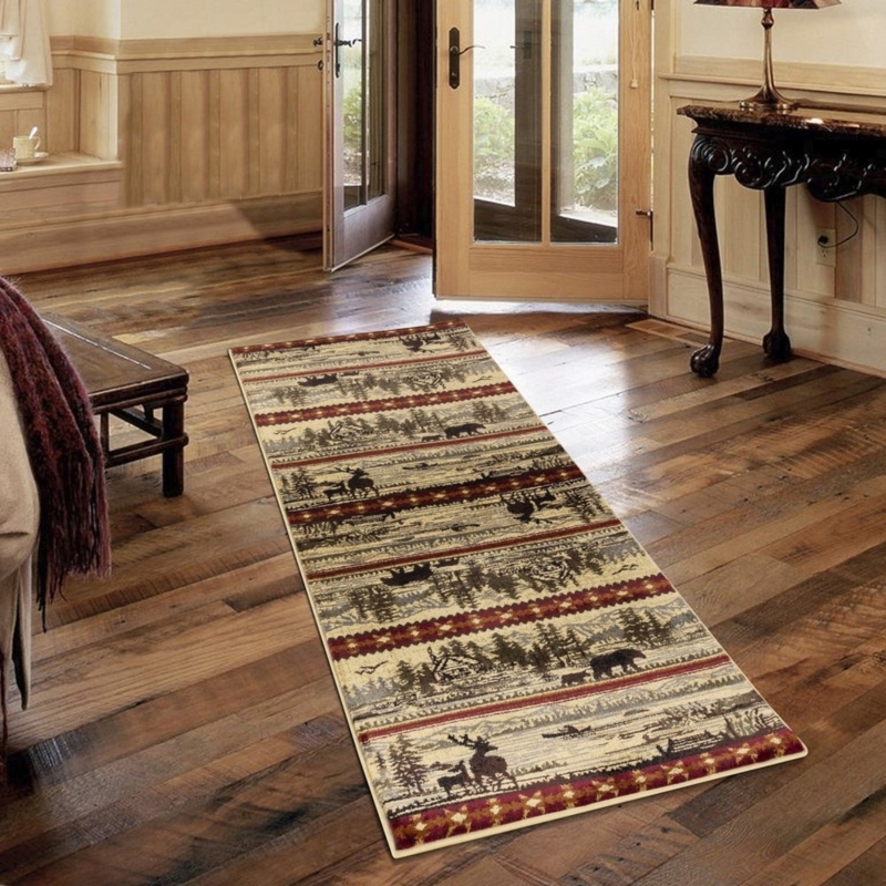 Runner Rug Woodland Theme Bear And Fish Motifs Lodge Style