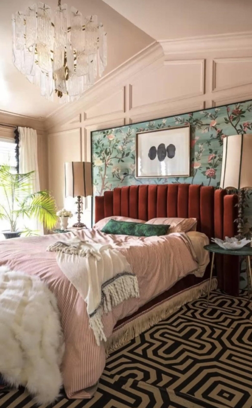 Rust Velvet Fluted Headboard Styling with Floral Wallpaper Panel