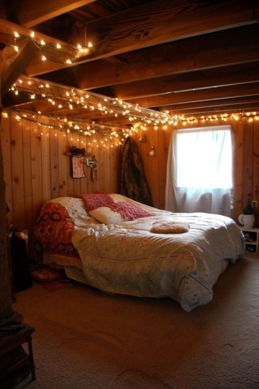 Rustic Basement Bedroom with Overhead String Lights and Wood Paneling